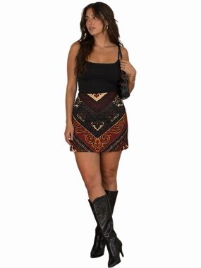 90s American Vintage Boho Paisley Scarf Print Mini Skirt (Multicolor) Size Large